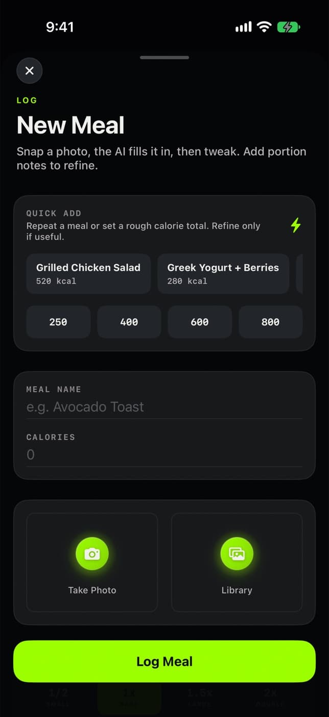 New Meal sheet: quick add, meal name and calories, photo or library
