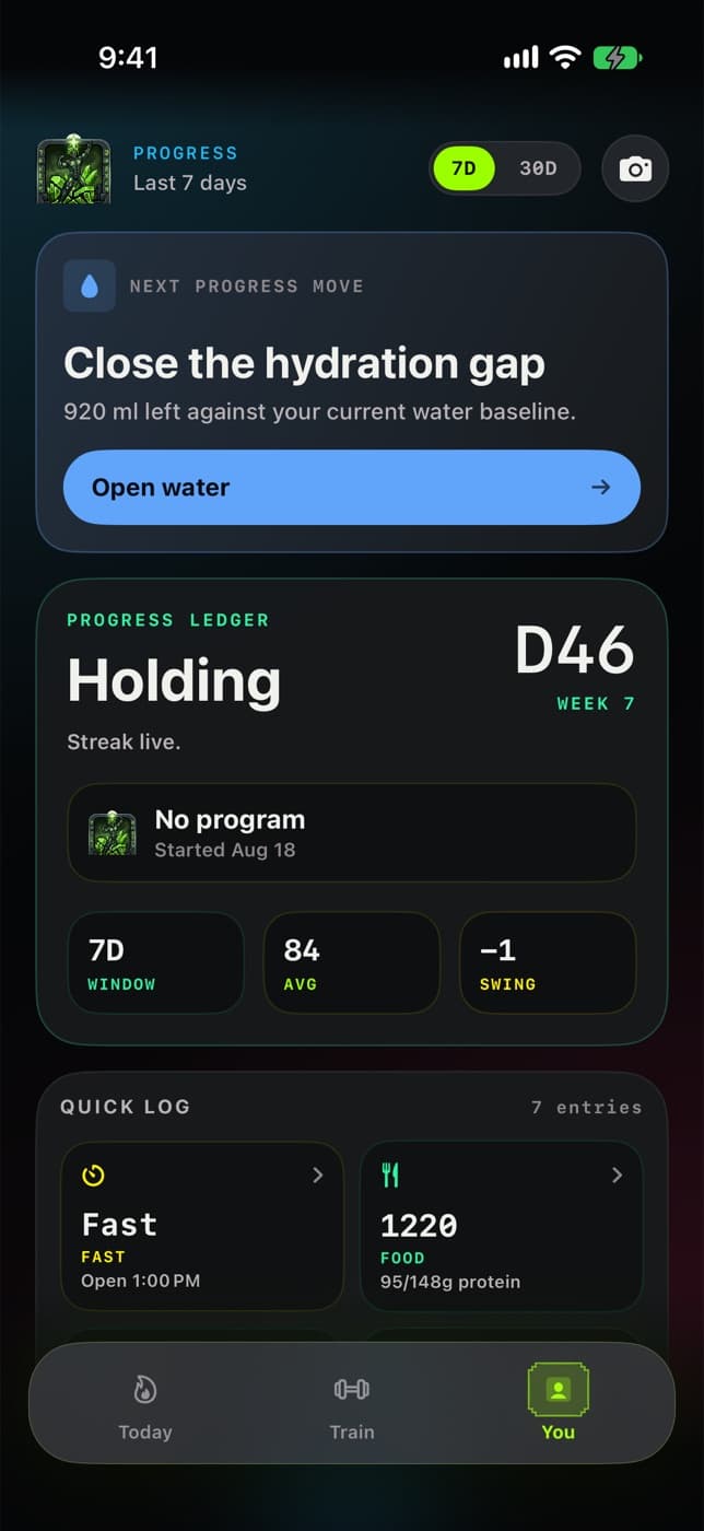Progress screen: next move, progress ledger and quick log