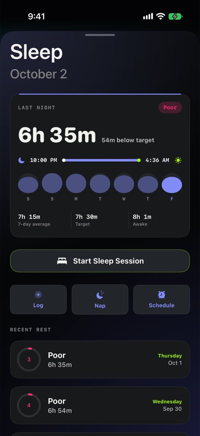 Sleep dashboard: last night 6h 35m with weekly bars