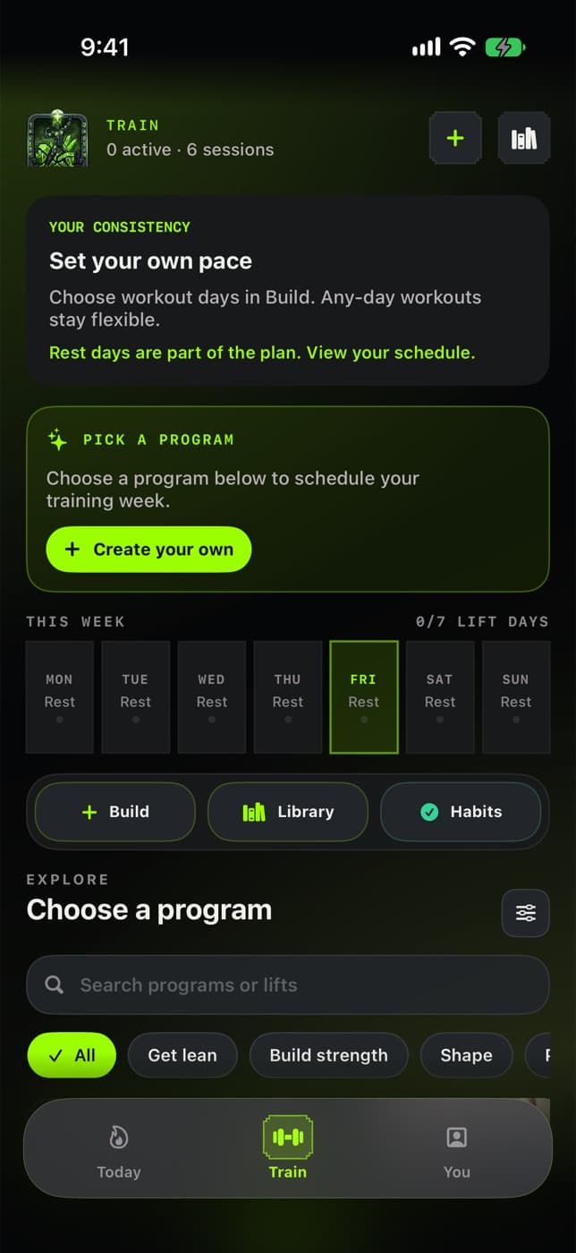 Train tab: weekly schedule with rest days and program shelf